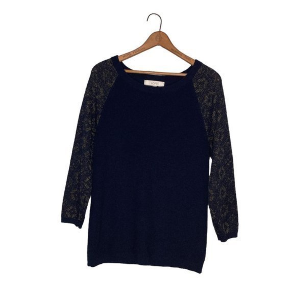 Ann Taylor‎ LOFT Large L Navy Metallic Shimmer Gold Sleeve Knit Pullover Sweater